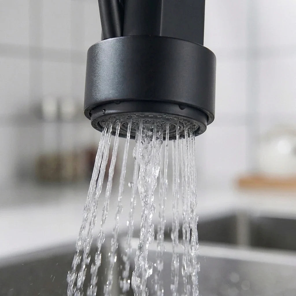 Detalhe do arejador da Torneira Gourmet Aveline preta fosca com fluxo de água uniforme
