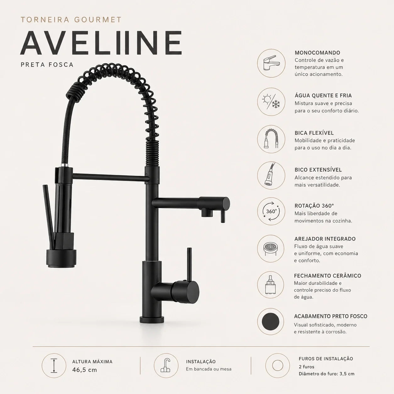 Ficha técnica da Torneira Gourmet Aveline preta com bica flexível extensível e sistema monocomando