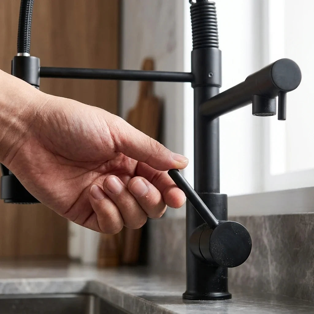 Detalhe do monocomando da Torneira Aveline para controle de vazão e temperatura da água
