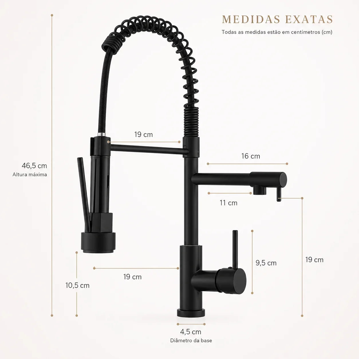 Medidas da Torneira Gourmet Aveline preta fosca com altura máxima aproximada de 46,5 cm