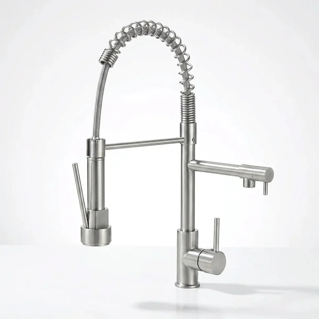 Torneira Gourmet Aveline prateada monocomando com bica flexível e extensível