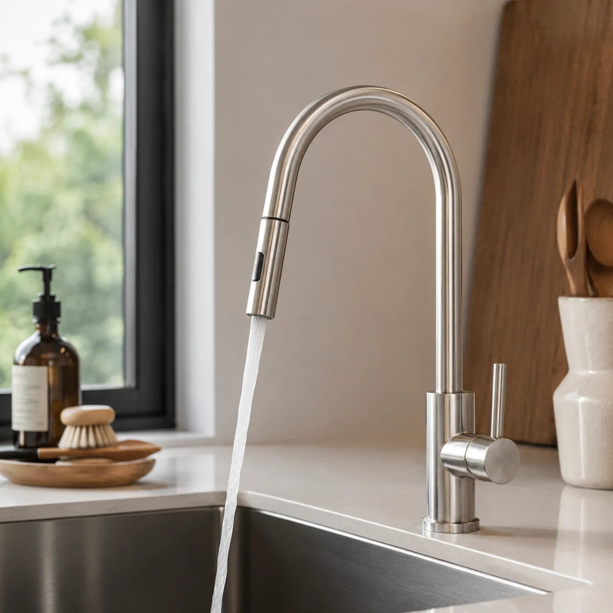 Torneira Ravelli Lucca em inox escovado instalada em cozinha contemporânea