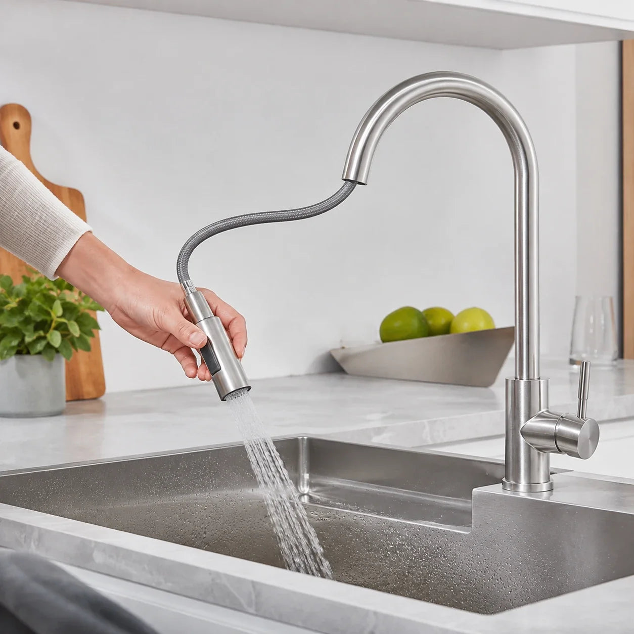 Pessoa utilizando a ducha extensível da Torneira Sienne sobre a cuba da cozinha