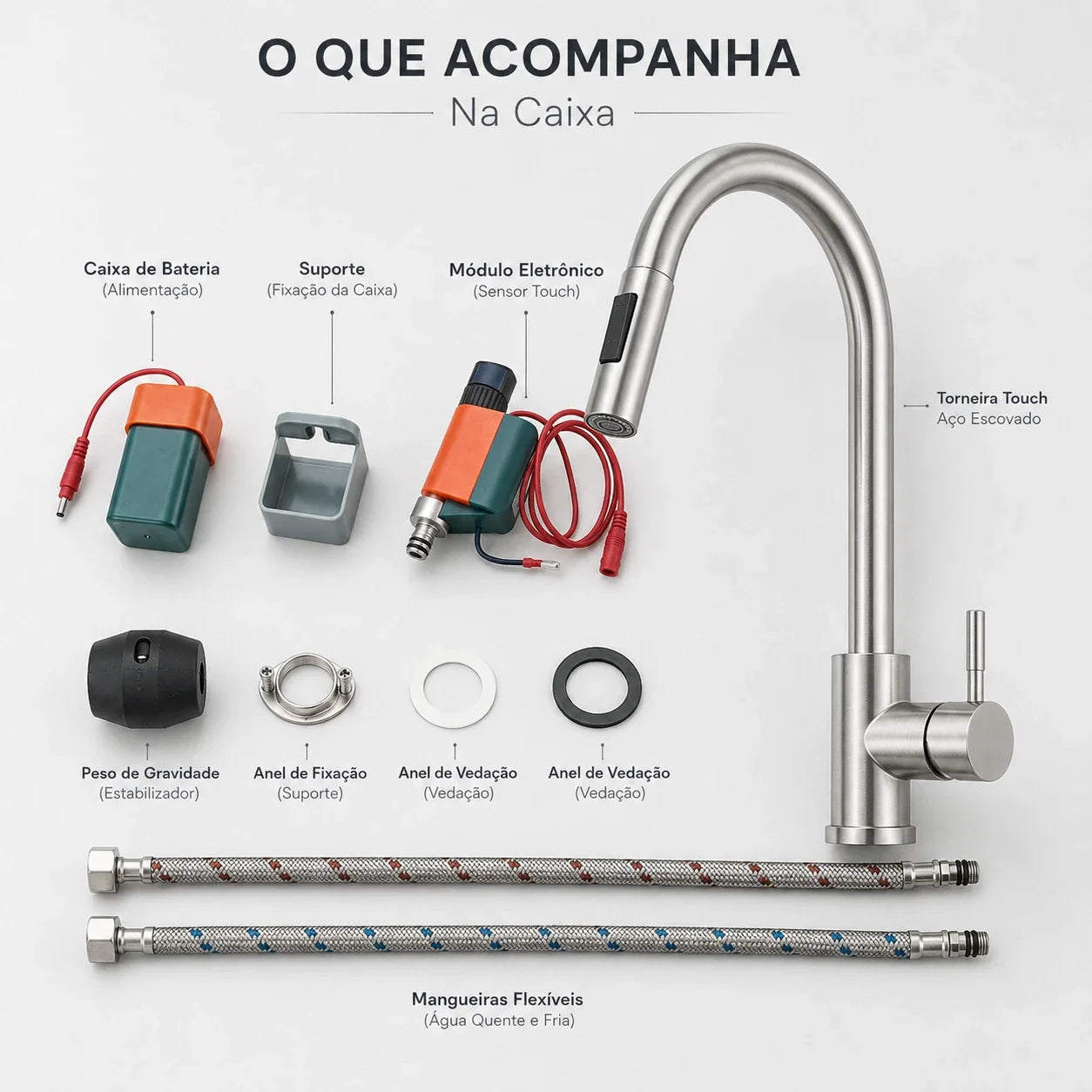 Torneira Sienne Touch com caixa de bateria sensor peso de gravidade vedação e mangueiras inclusas