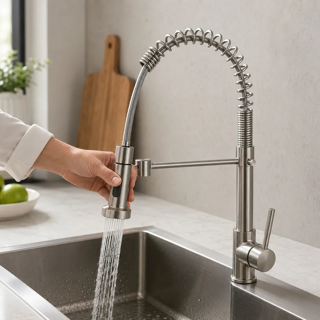 Pessoa utilizando a ducha móvel da Torneira Vienne para limpar a cuba da cozinha