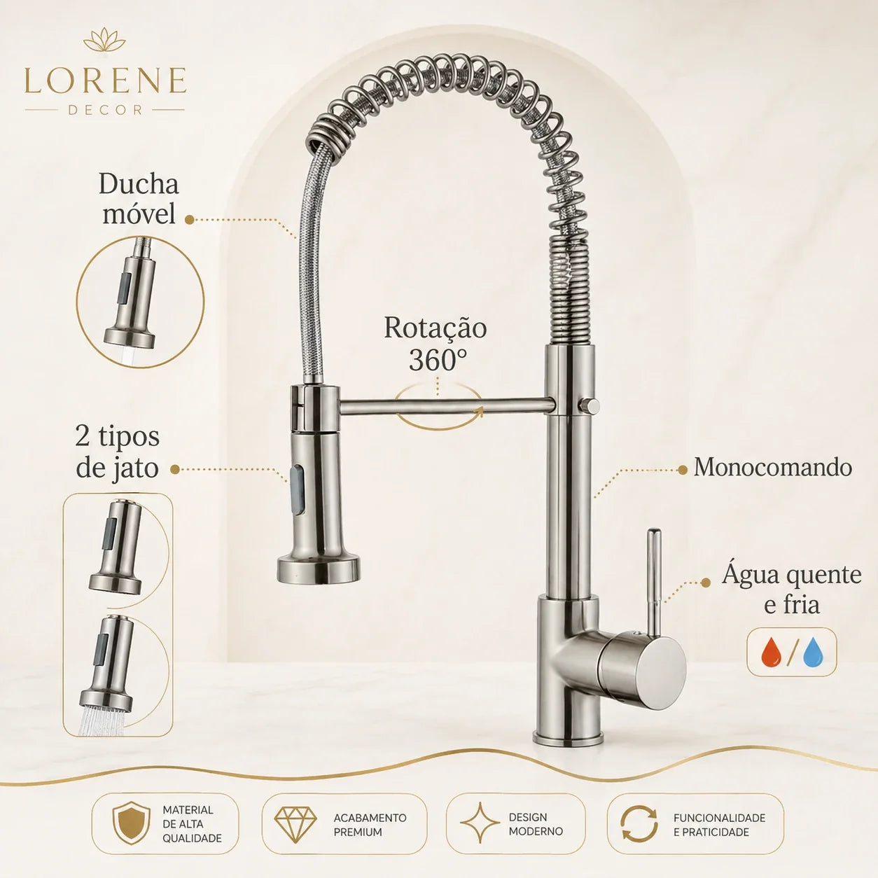 Recursos da Torneira Vienne com ducha móvel dois jatos rotação 360 graus e monocomando