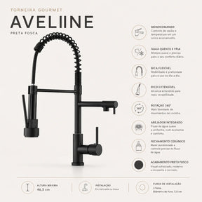 Ficha técnica da Torneira Gourmet Aveline preta com bica flexível extensível e sistema monocomando