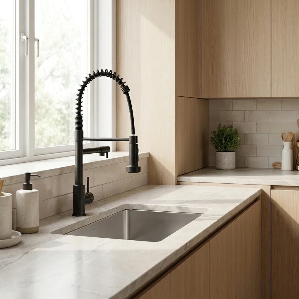 Torneira Gourmet Aveline preta fosca instalada em bancada de cozinha moderna com cuba de inox