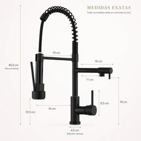 Medidas da Torneira Gourmet Aveline preta fosca com altura máxima aproximada de 46,5 cm