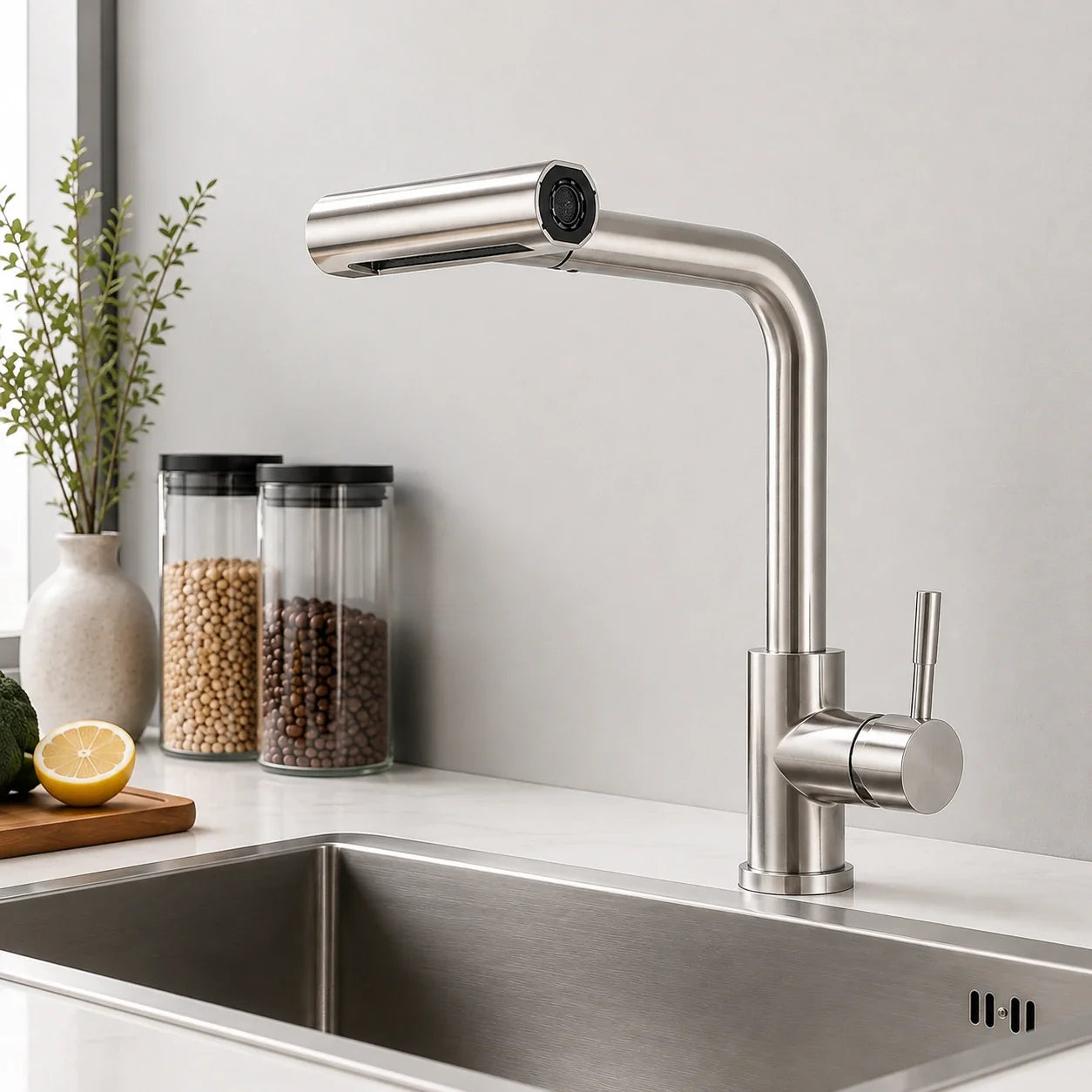 Torneira Gourmet Ravelli Évora em inox 304 instalada em cozinha contemporânea