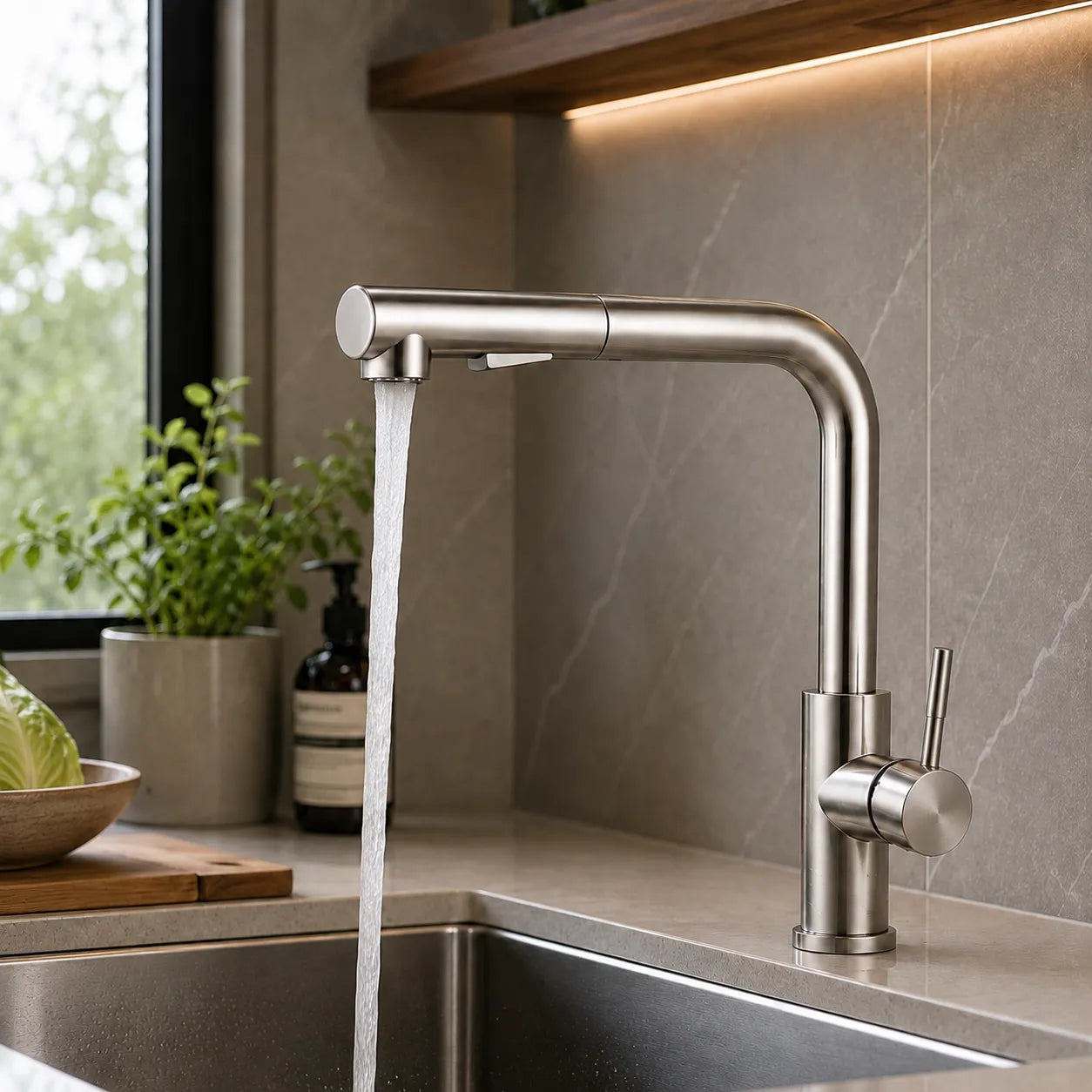 Torneira Gourmet Ravelli Savelle com ducha Pull-Out em funcionamento