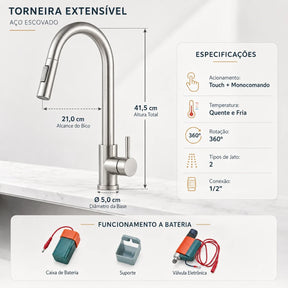 Ficha técnica da Torneira Sienne Touch em aço escovado com medidas conexão e sistema a bateria