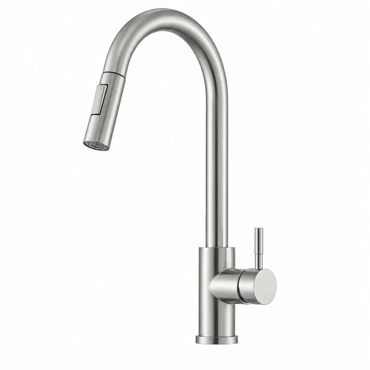 Torneira Gourmet Sienne Touch em aço escovado com bica extensível sobre fundo branco