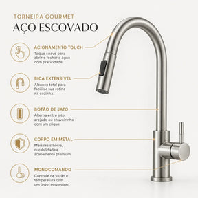 Recursos da Torneira Sienne Touch em aço escovado com bica extensível monocomando e botão de jato
