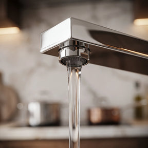 Torneira Valenne cromada com bico alto quadrado instalada sobre cuba de cozinha