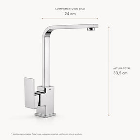 Medidas da Torneira Monocomando Valenne cromada com 33,5 cm de altura e bico de 24 cm