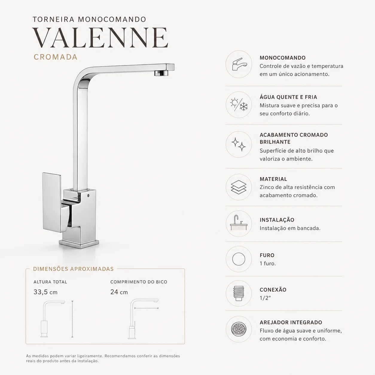 Ficha técnica da Torneira Monocomando Valenne cromada para cozinha