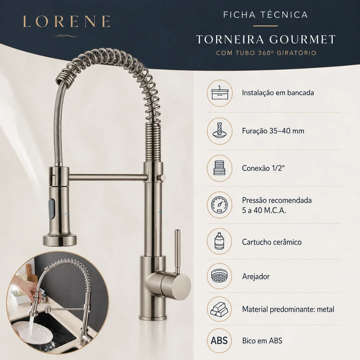 Ficha técnica da Torneira Gourmet Vienne com medidas de instalação pressão conexão e materiais