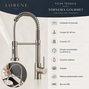 Ficha técnica da Torneira Gourmet Vienne com medidas de instalação pressão conexão e materiais