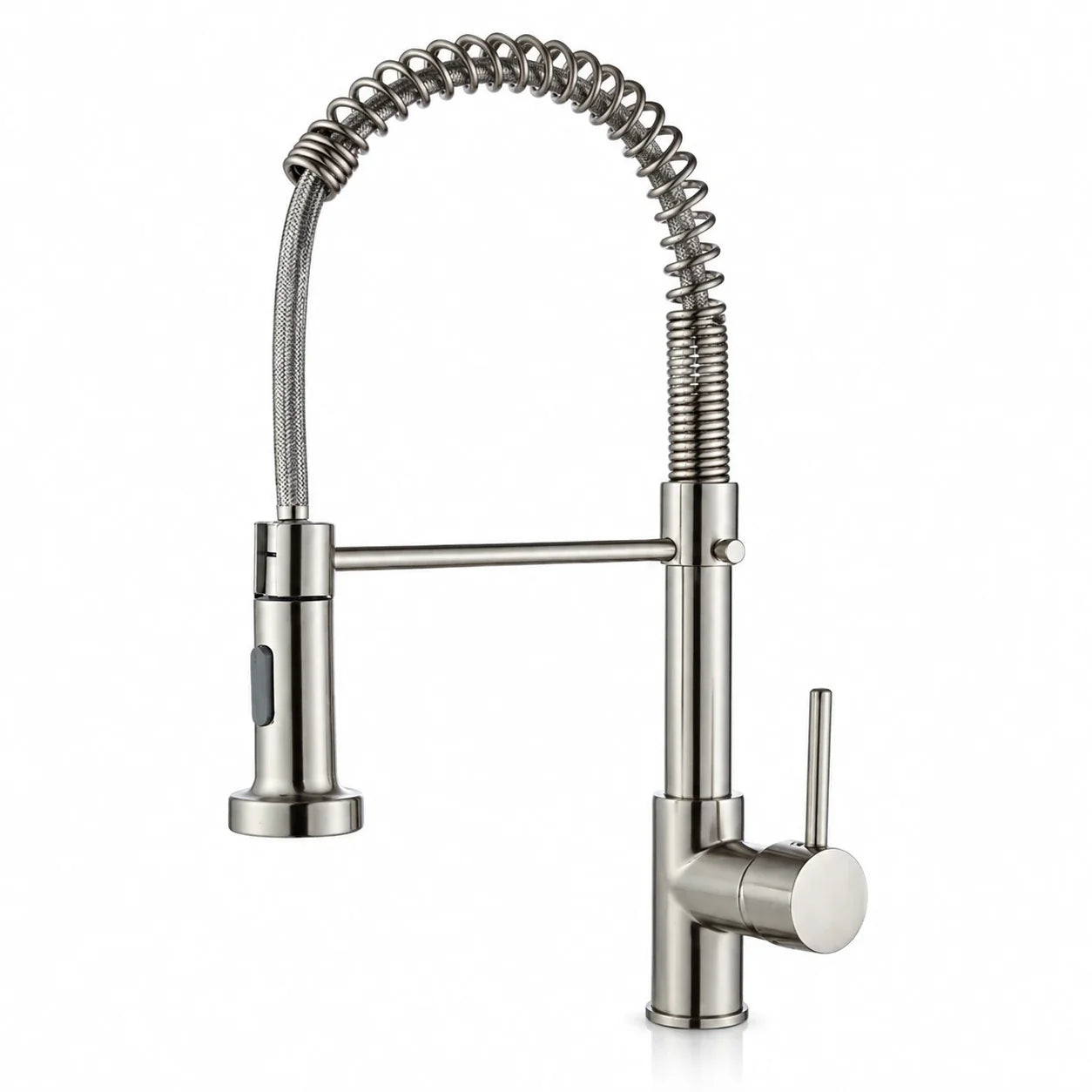 Torneira Gourmet Vienne em aço escovado com ducha móvel e mola espiral sobre fundo branco