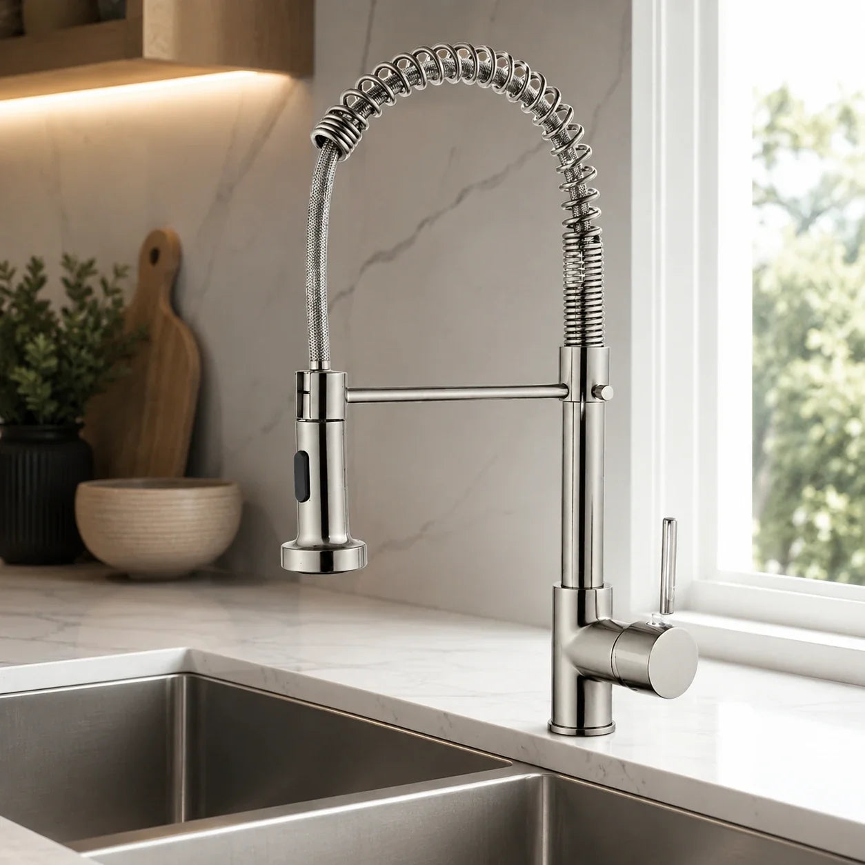 Torneira Gourmet Vienne instalada em cozinha moderna com bancada clara e cuba de inox