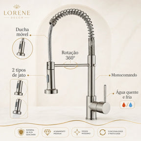Recursos da Torneira Vienne com ducha móvel dois jatos rotação 360 graus e monocomando